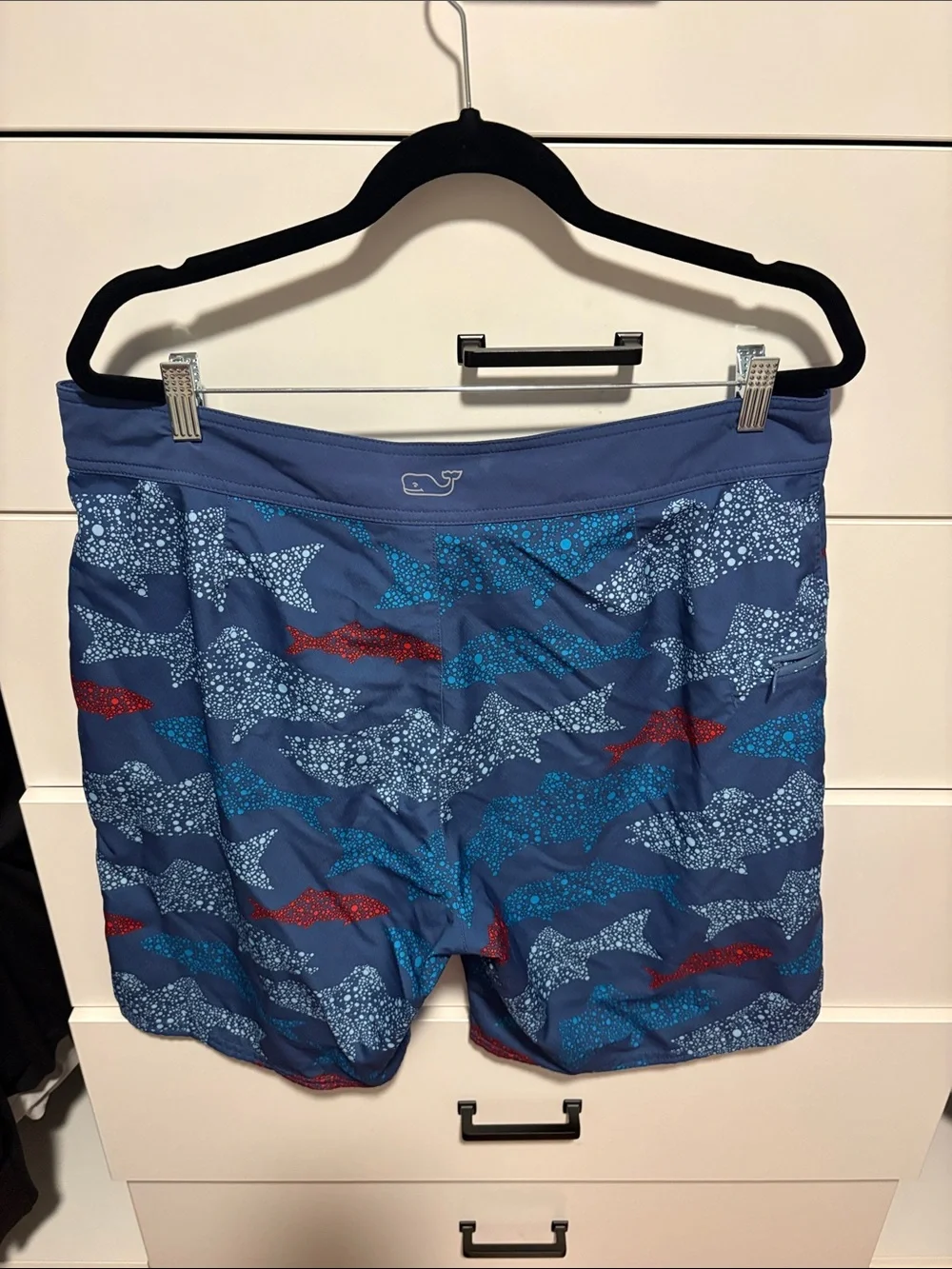 Vineyard Vines Navy Shark-Print Board Shorts with Red & Light Blue Accents